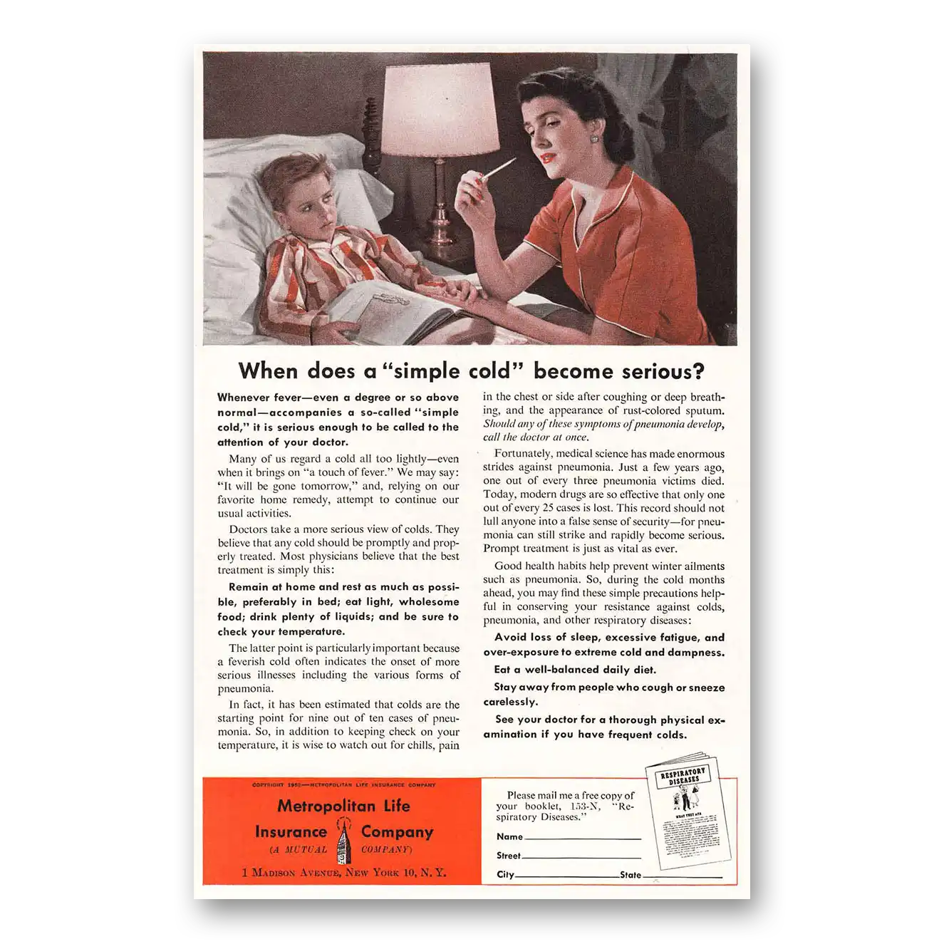 1953 Metropolitan Life Insurance When Does a Simple Cold Become Serious Vintage Magazine Print Ad