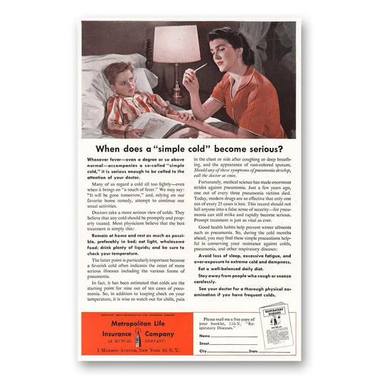 1953 Metropolitan Life Insurance When Does a Simple Cold Become Serious Vintage Magazine Print Ad