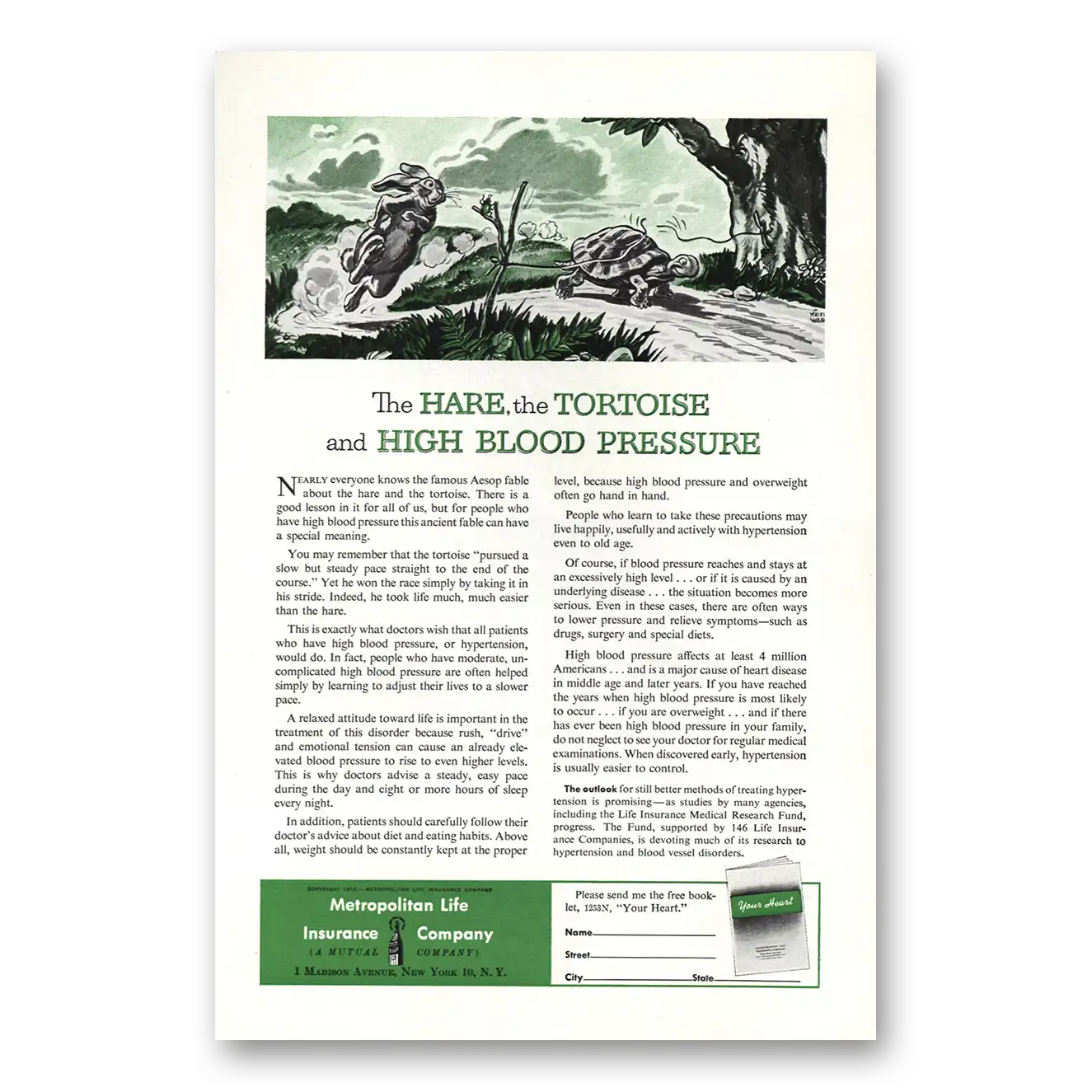 1953 Metropolitan Life Insurance Hare Tortoise High Blood Pressure Vintage Magazine Print Ad