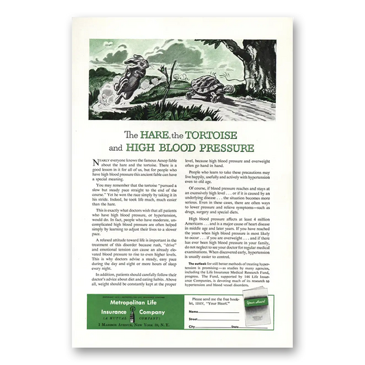 1953 Metropolitan Life Insurance Hare Tortoise High Blood Pressure Vintage Magazine Print Ad