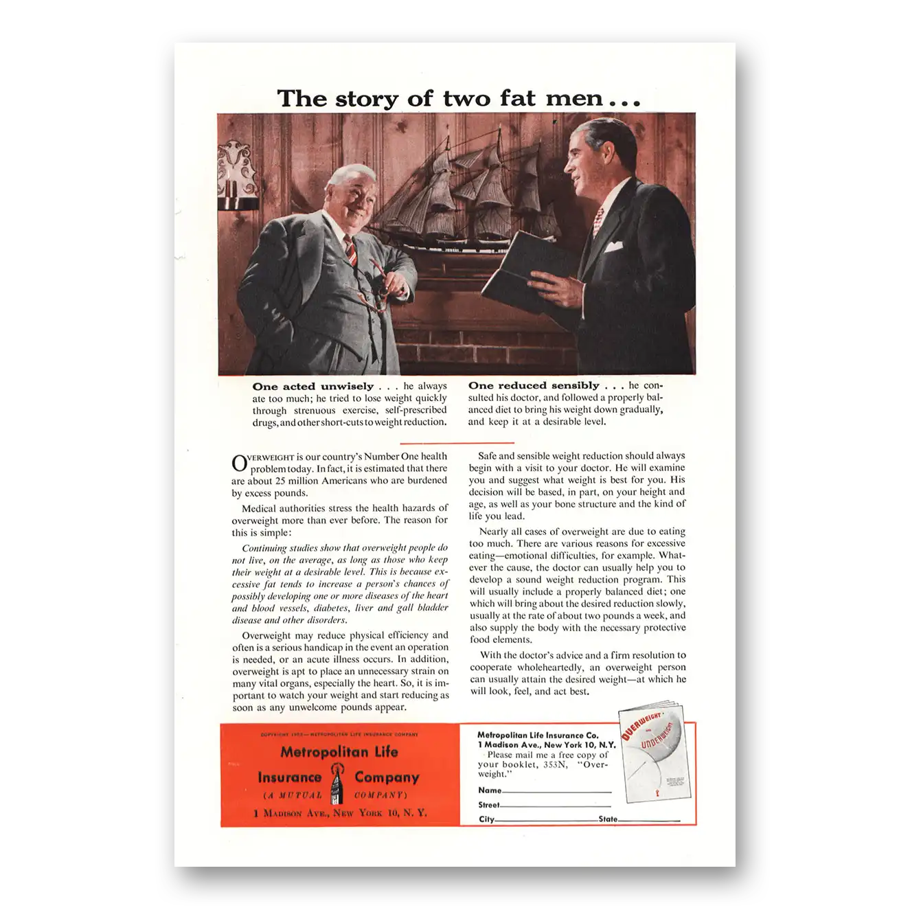 1953 Metropolitan Life Insurance Story of Two Fat Men Vintage Magazine Print Ad