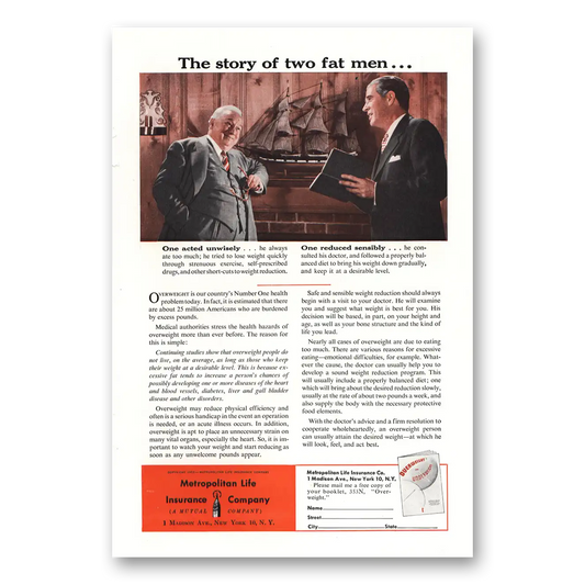 1953 Metropolitan Life Insurance Story of Two Fat Men Vintage Magazine Print Ad