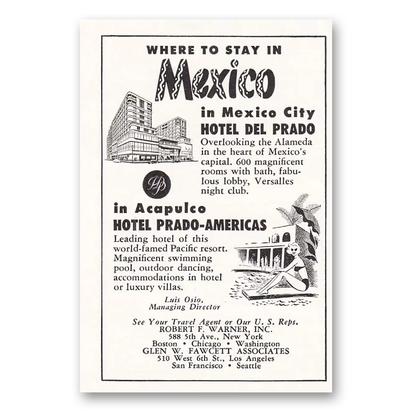 1953 Hotel Del Prado Americas Mexico City Acapulco Vintage Magazine Print Ad