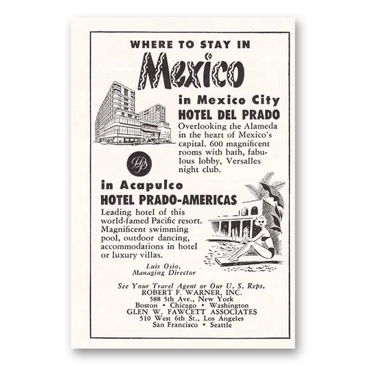 1953 Hotel Del Prado Americas Mexico City Acapulco Vintage Magazine Print Ad