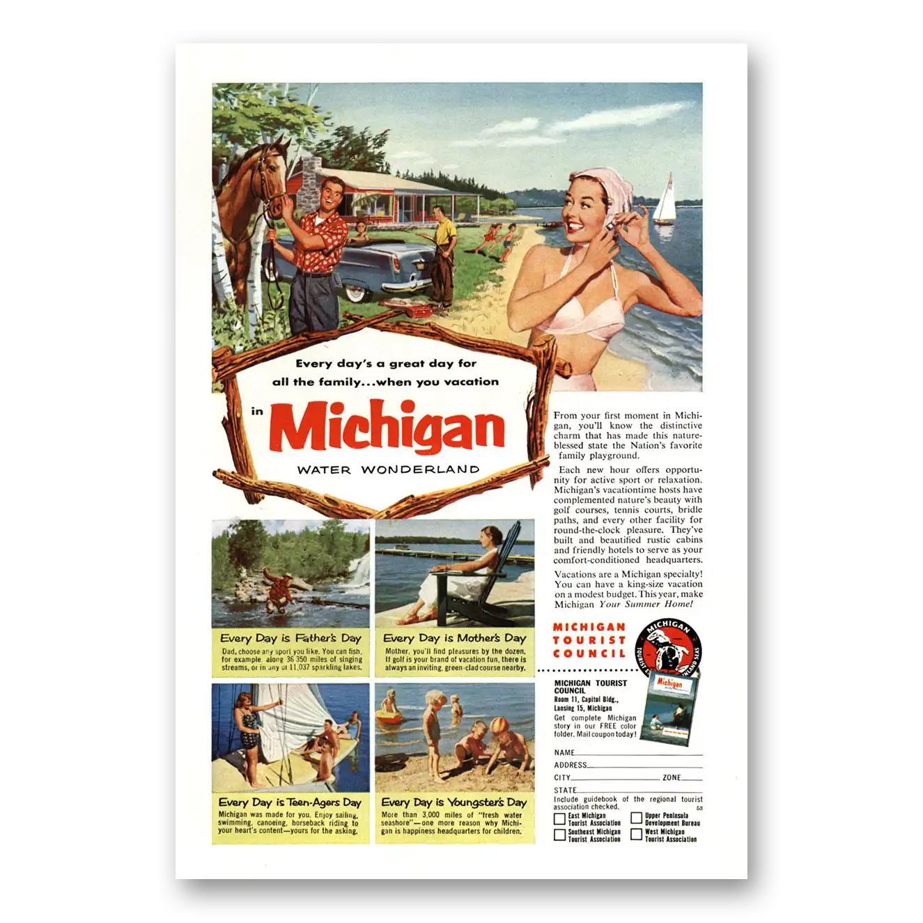 1953 Michigan Water Wonderland Beach Vintage Magazine Print Ad