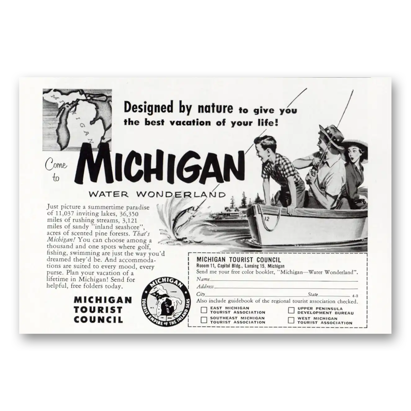 1953 Michigan Designed by Nature Water Wonderland Vintage Magazine Print Ad