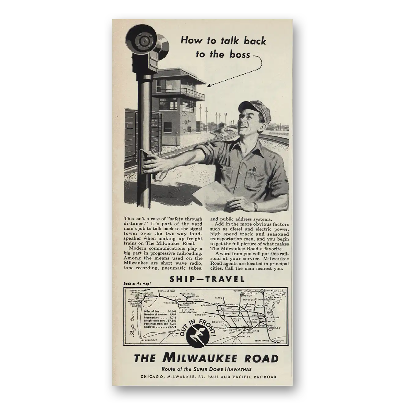 1953 Milwaukee Road Talk Back to the Boss Vintage Magazine Print Ad