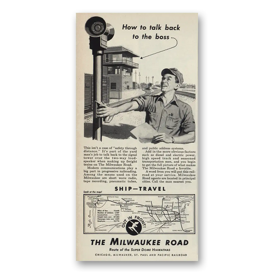 1953 Milwaukee Road Talk Back to the Boss Vintage Magazine Print Ad