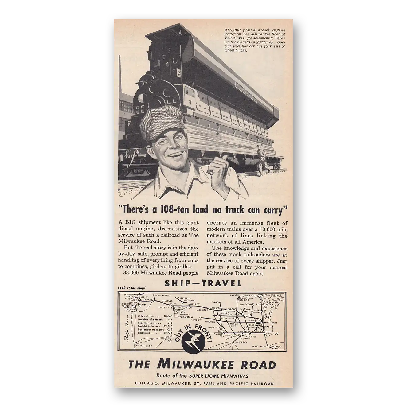 1953 Milwaukee Road Theres a 108 Ton Load No Truck Can Carry Vintage Magazine Print Ad