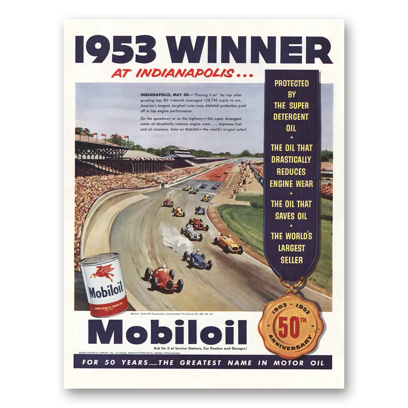 1953 Mobiloil 1953 Winner Indianapolis Vintage Magazine Print Ad