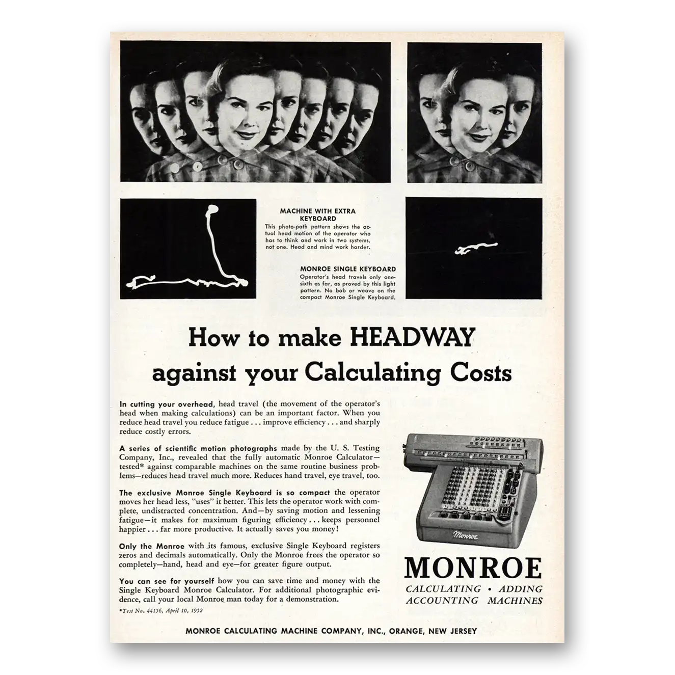 1953 Monroe Calculating Machines Adding Machines Headway Calculating Costs Vintage Magazine Print Ad