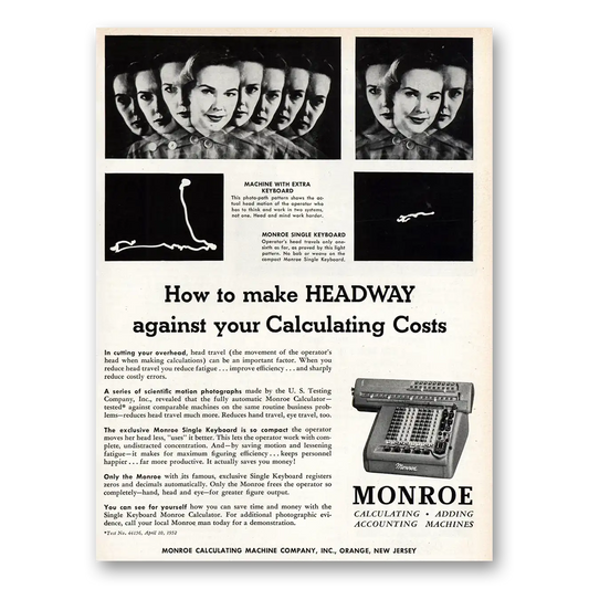 1953 Monroe Calculating Machines Adding Machines Headway Calculating Costs Vintage Magazine Print Ad