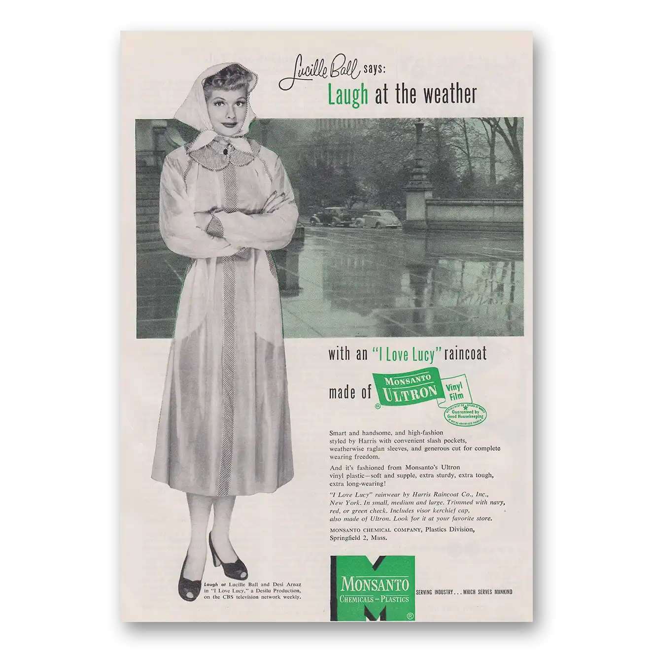 1953 Monsanto Lucille Balls Says Laugh At the Weather Vintage Magazine Print Ad