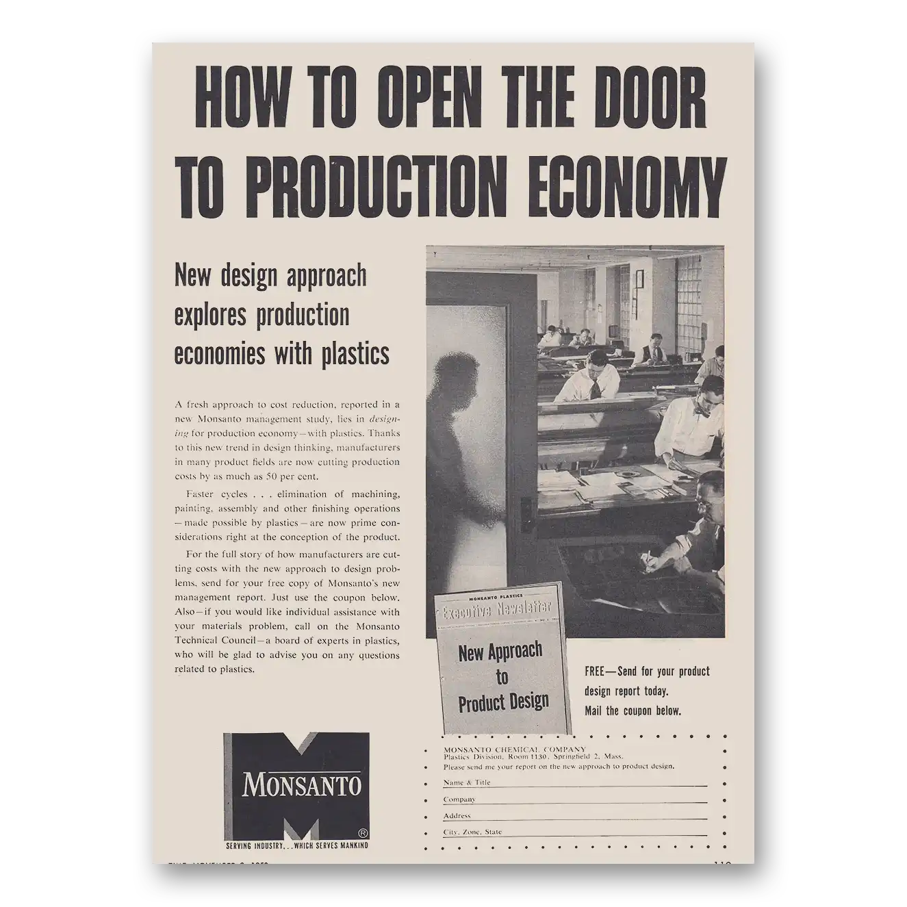 1953 Monsanto Open the Door to Production Economy Vintage Magazine Print Ad