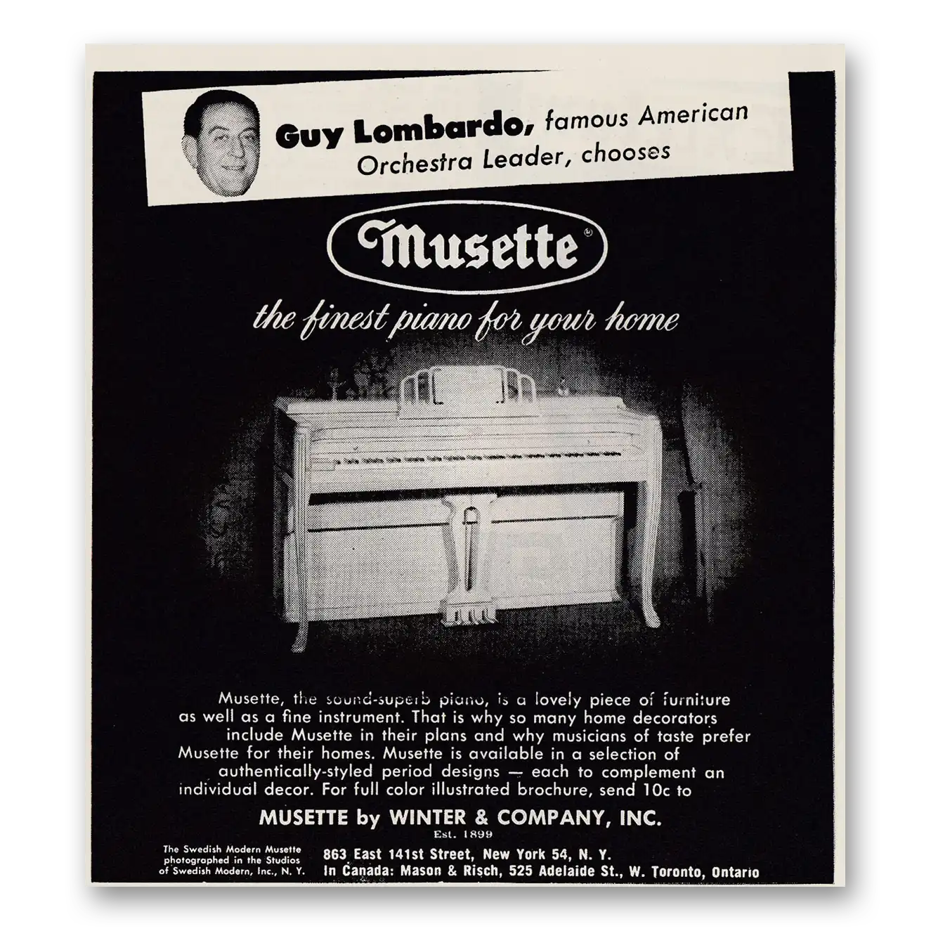 1953 Musette Piano Guy Lombardo Orchestra Leader Vintage Magazine Print Ad