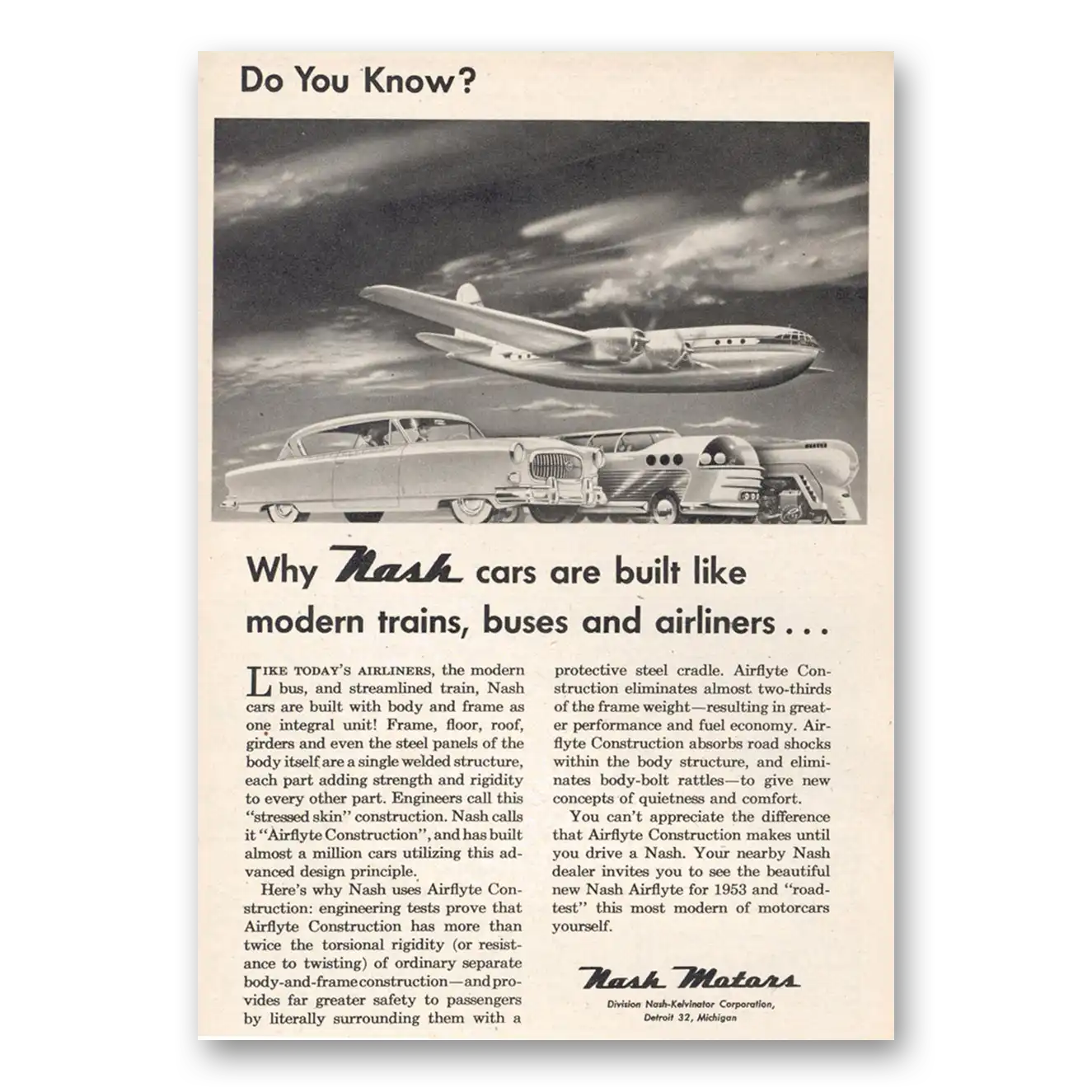 1953 Nash Motors Built Like Modern Trains Buses and Airliners Vintage Magazine Print Ad