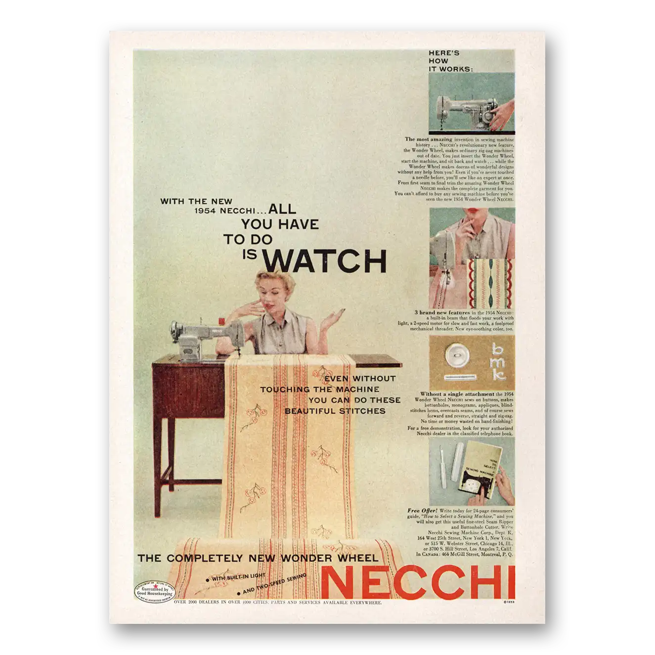 1953 Necchi Sewing Machine All You Have To Do Is Watch Vintage Magazine Print Ad