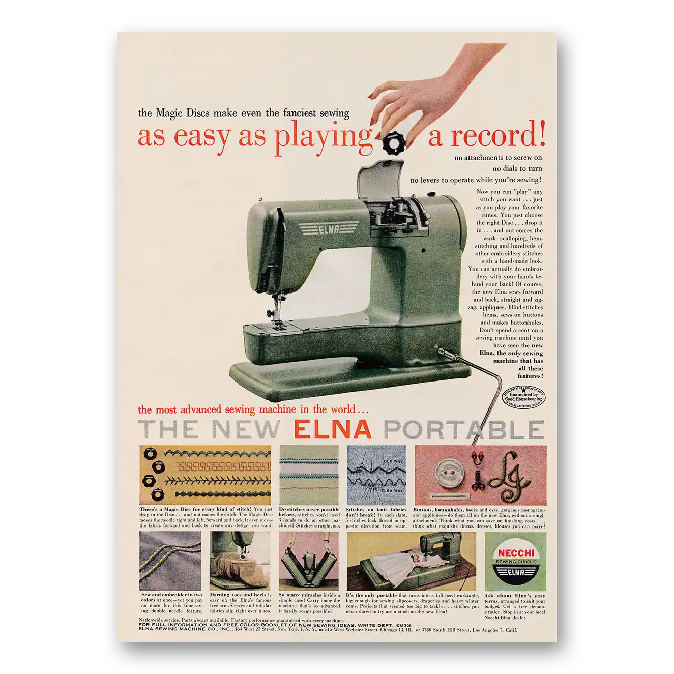 1953 Necchi Sewing Machine Elna Sewing Machine As Easy As Playing a Record Vintage Magazine Print Ad