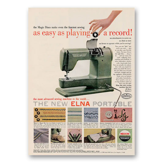 1953 Necchi Sewing Machine Elna Sewing Machine As Easy As Playing a Record Vintage Magazine Print Ad