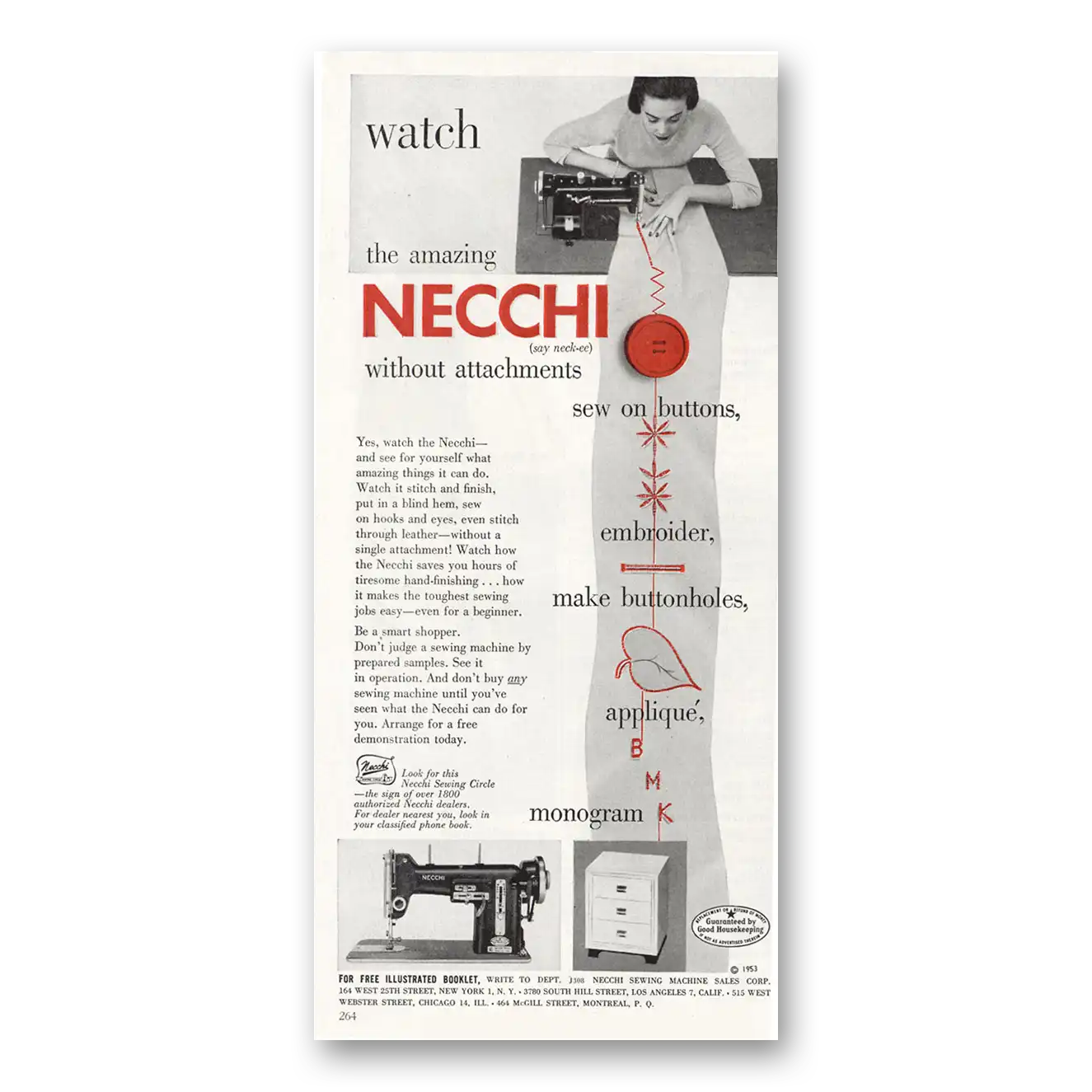 1953 Necchi Sewing Machine Without Attachments Sew On Buttons Vintage Magazine Print Ad