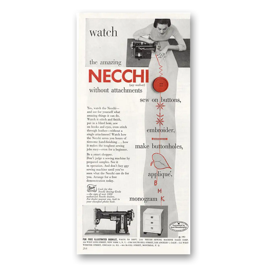 1953 Necchi Sewing Machine Without Attachments Sew On Buttons Vintage Magazine Print Ad