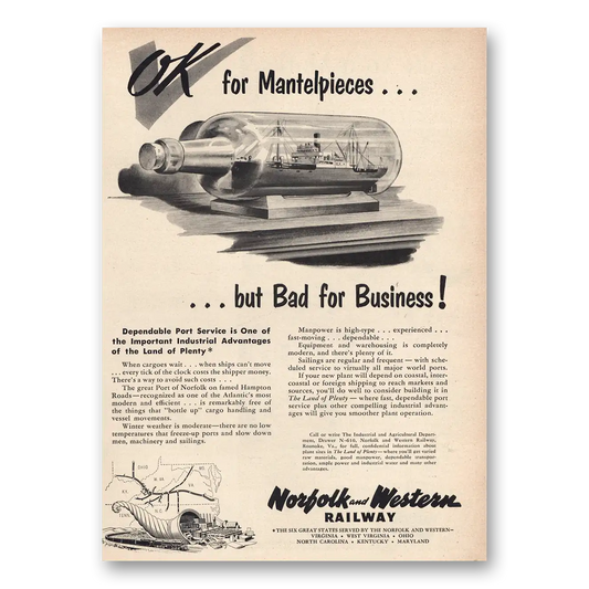 1953 Norfolk and Western Railway Ok for Mantlepieces Vintage Magazine Print Ad