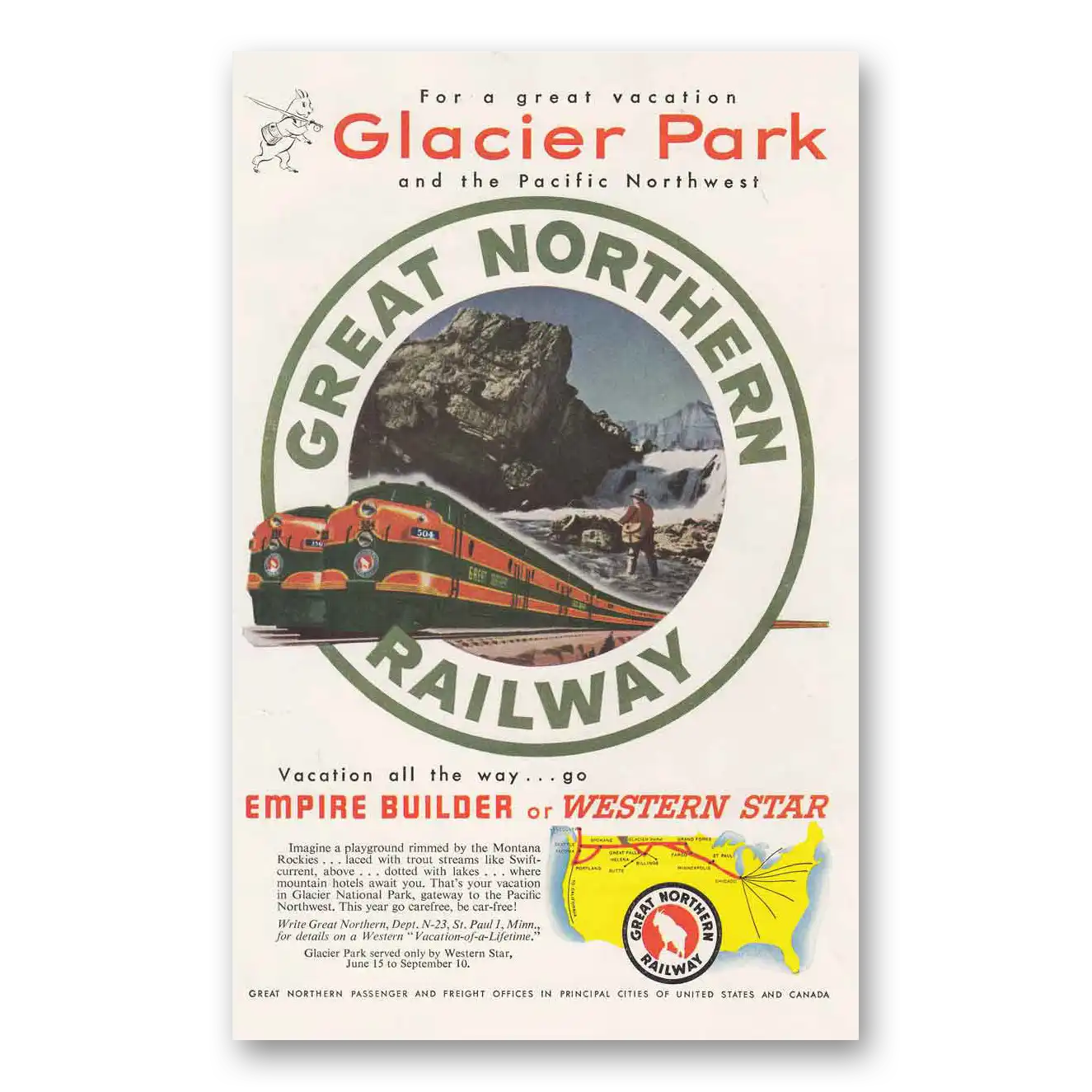 1953 Great Northern Railway Glacier Park Vintage Magazine Print Ad