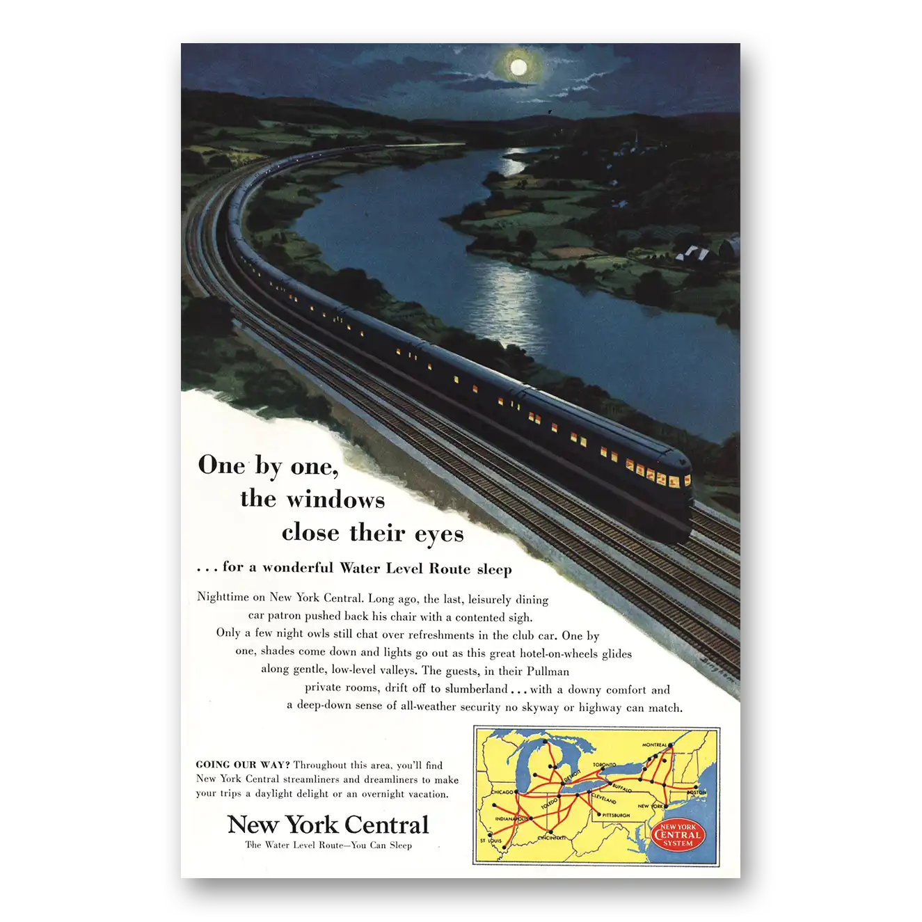 1953 New York Central Water Level Route Vintage Magazine Print Ad