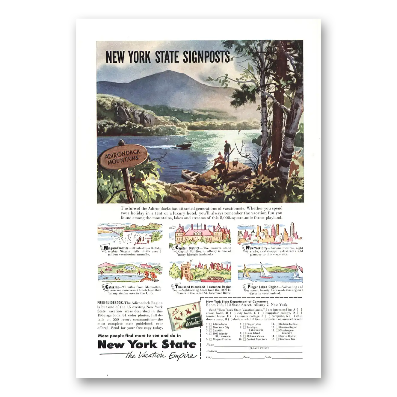 1953 New York Adirondack Mountains Vintage Magazine Print Ad