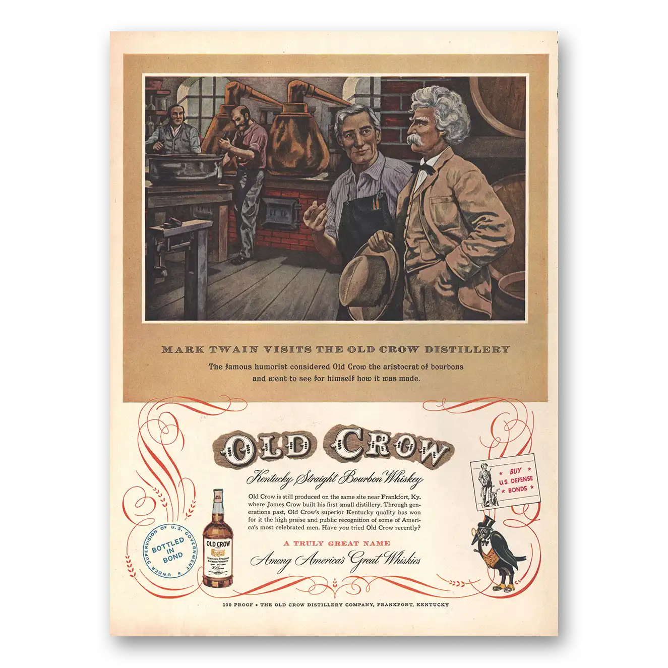 1953 Old Crow Whiskey Mark Twains Visits Famous Humorist Vintage Magazine Print Ad