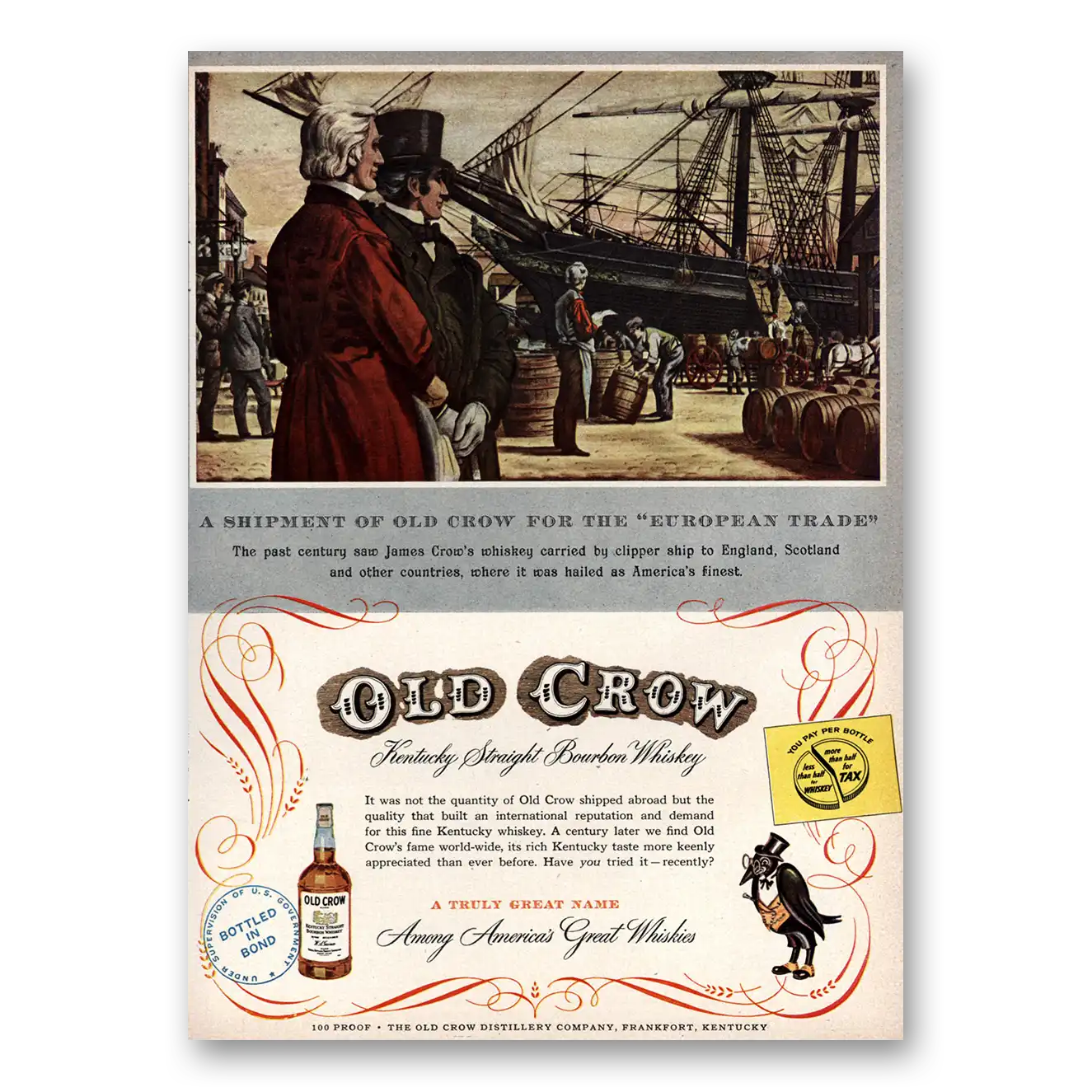 1953 Old Crow Whiskey Shipment for the European Trade Vintage Magazine Print Ad