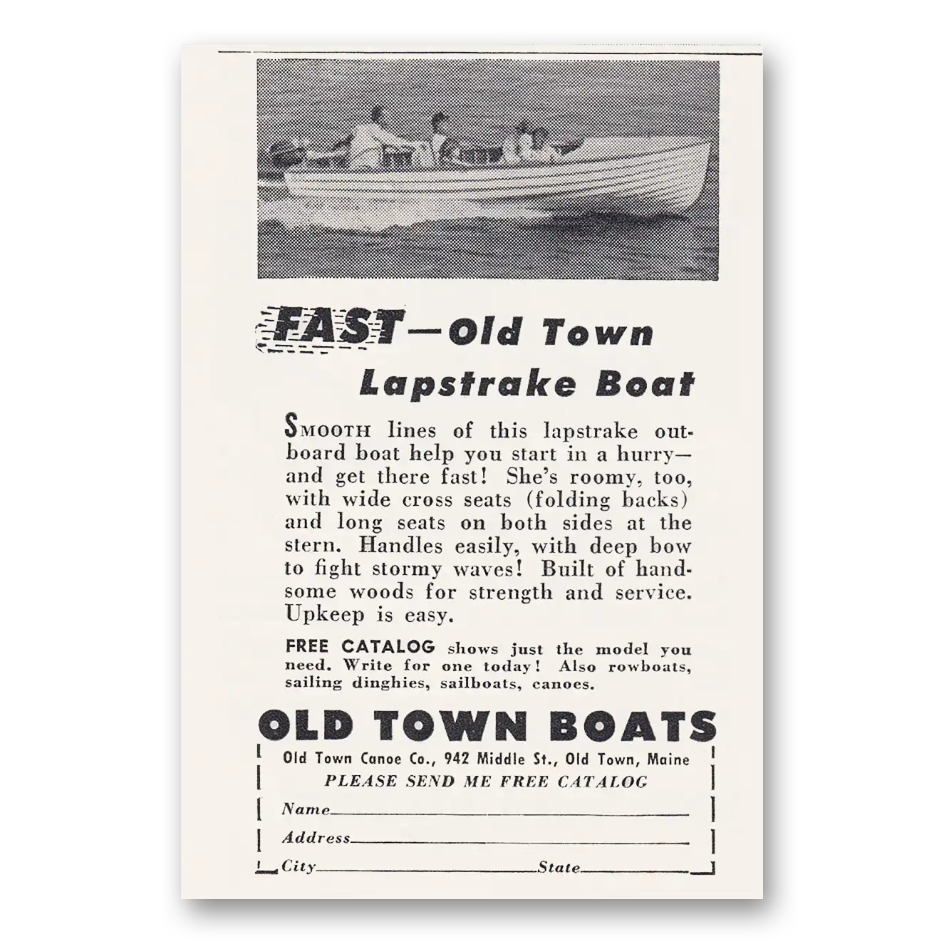 1953 Old Town Boats Lapstrake Boat Vintage Magazine Print Ad