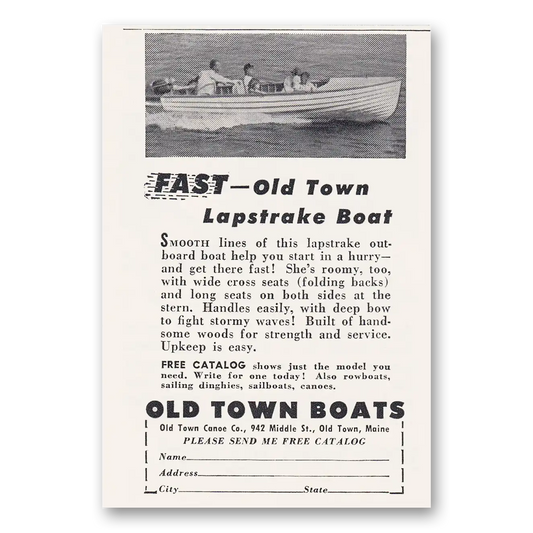 1953 Old Town Boats Lapstrake Boat Vintage Magazine Print Ad