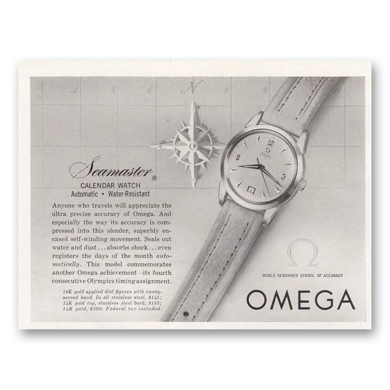 1953 Omega Seamaster Watch Calendar Watch Anyone Who Travels Vintage Magazine Print Ad