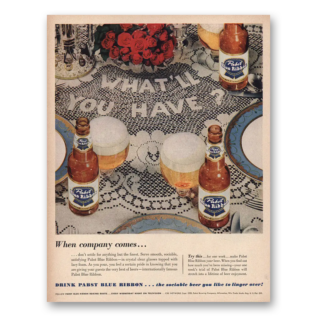 1953 Pabst Blue Ribbon Beer When Company Comes Vintage Magazine Print Ad