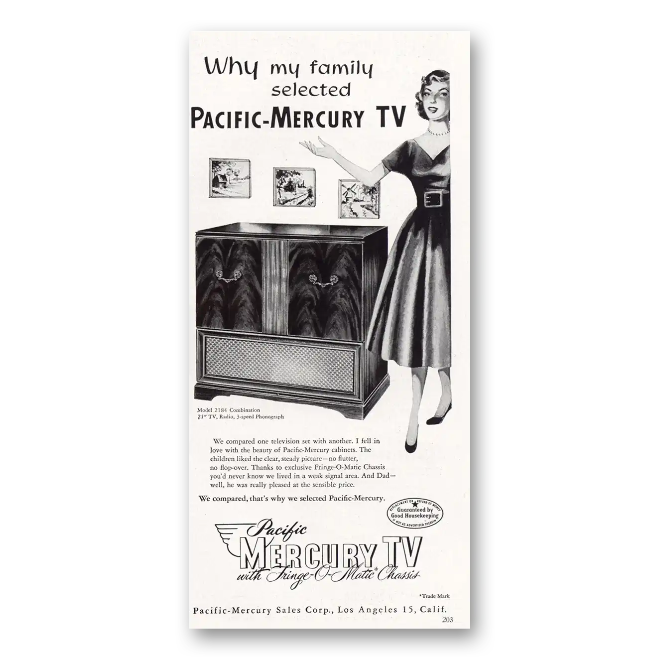 1953 Pacific Mercury Television Why My Family Selected Vintage Magazine Print Ad