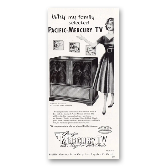 1953 Pacific Mercury Television Why My Family Selected Vintage Magazine Print Ad