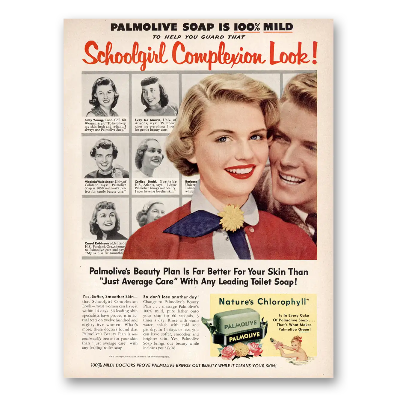 1953 Palmolive Soap Schoolgirl Complexion Look Vintage Magazine Print Ad