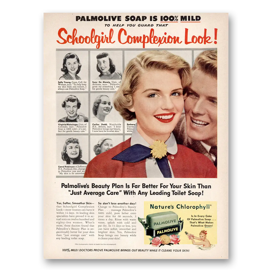 1953 Palmolive Soap Schoolgirl Complexion Look Vintage Magazine Print Ad