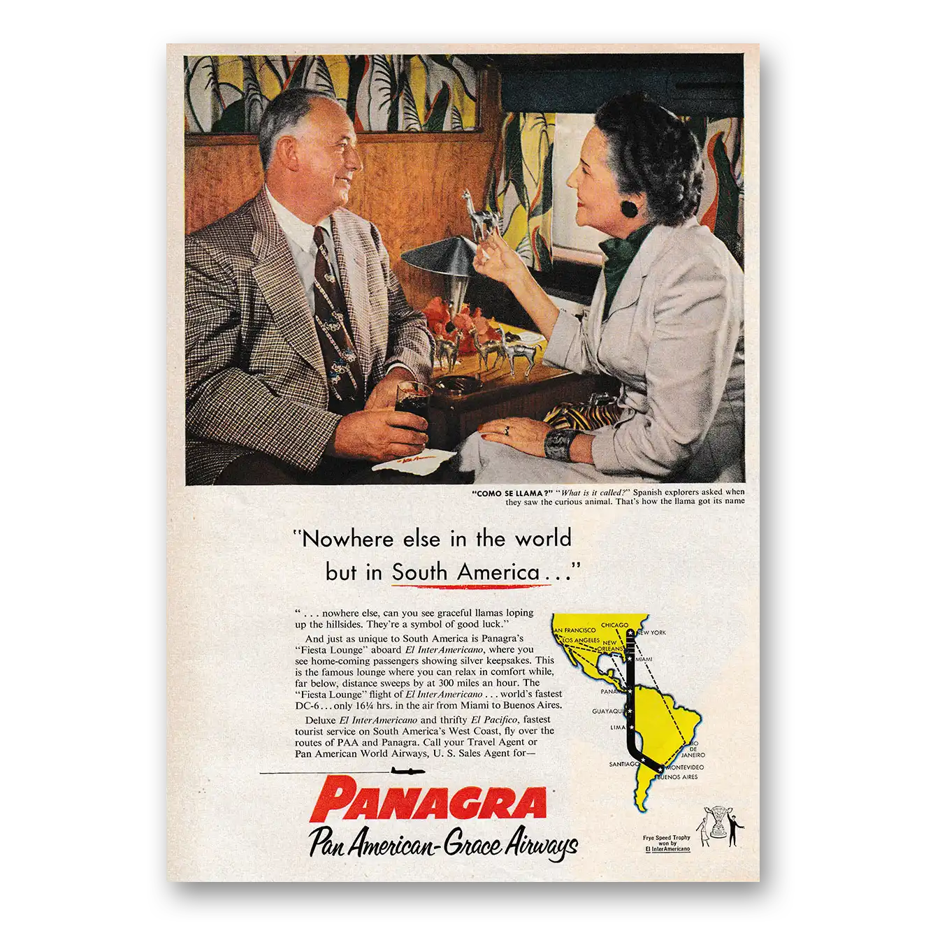 1953 Panagra Airlines Come Se Llama Nowhere Else In the World Vintage Magazine Print Ad