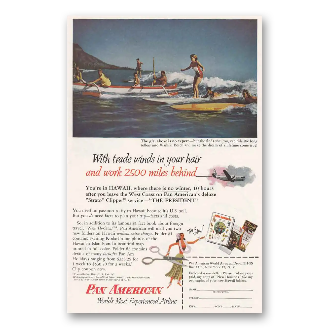 1953 Pan Am With Trade Winds In Your Hair Hawaii Vintage Magazine Print Ad