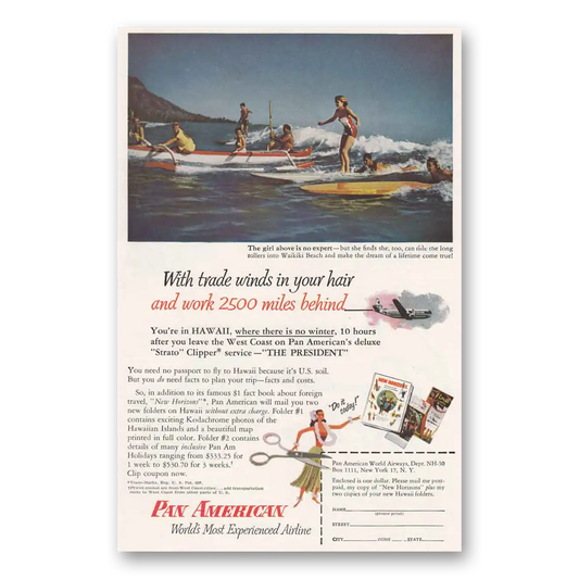 1953 Pan Am With Trade Winds In Your Hair Hawaii Vintage Magazine Print Ad