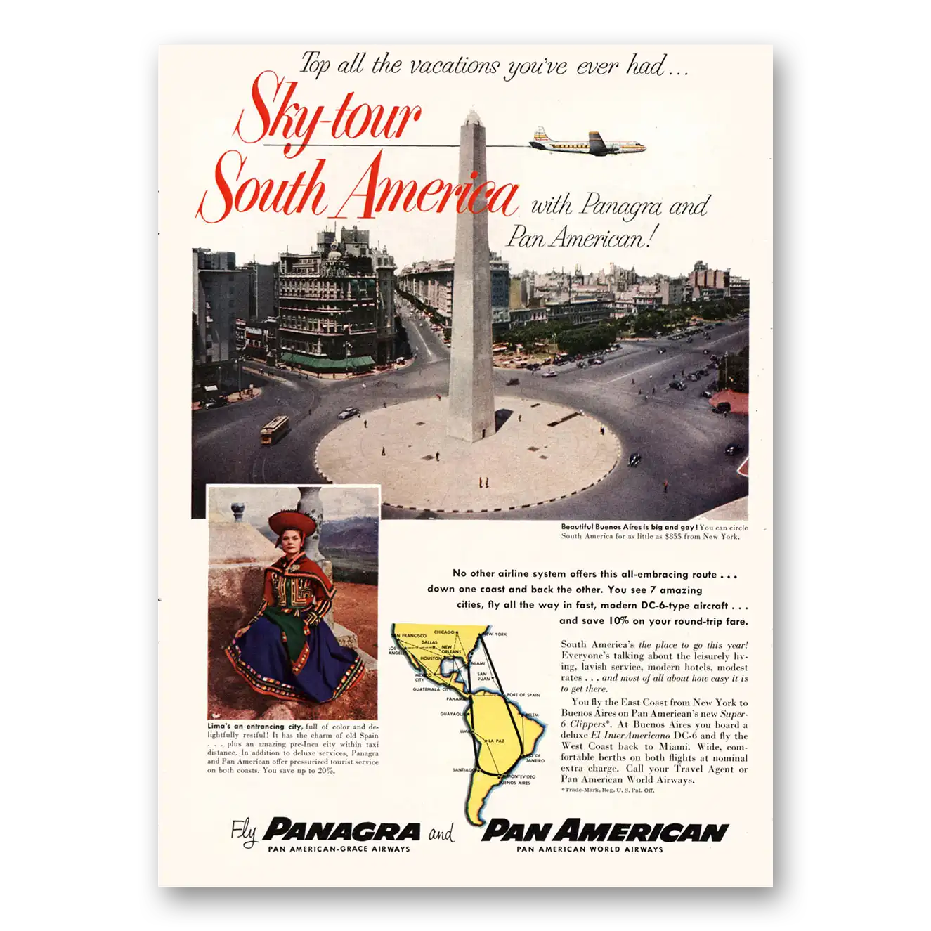 1953 Pan Am Sky Tour South America Vintage Magazine Print Ad