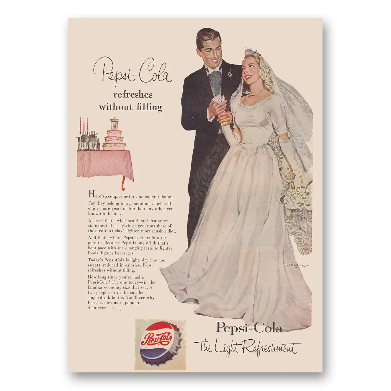 1953 Pepsi Refreshes Without Filling Bride and Groom Vintage Magazine Print Ad