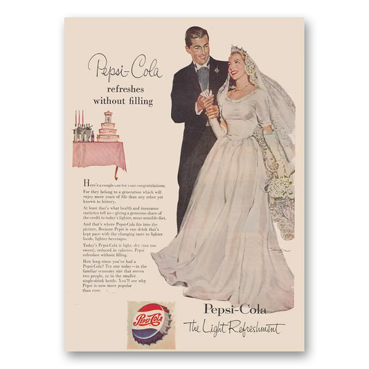 1953 Pepsi Refreshes Without Filling Bride and Groom Vintage Magazine Print Ad