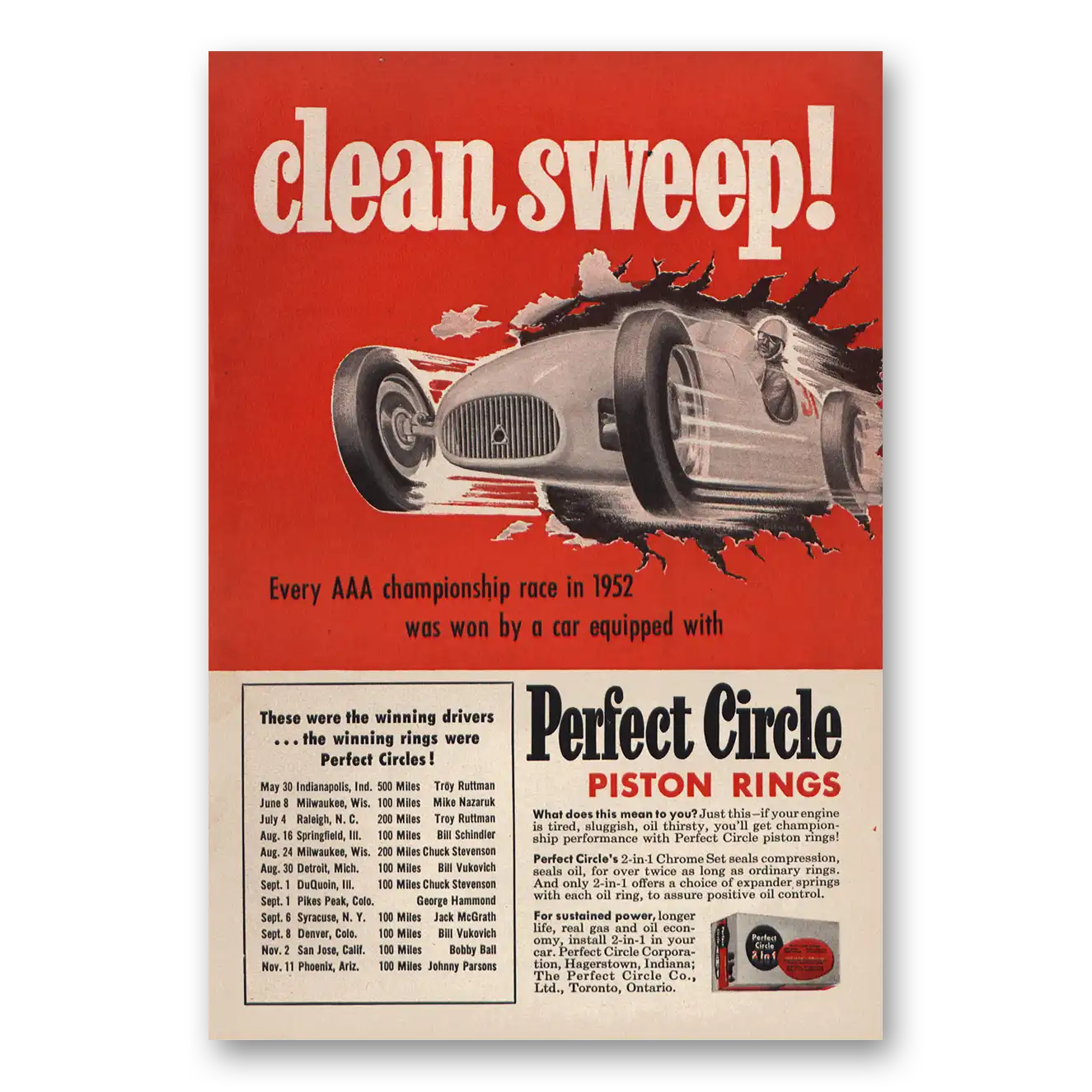 1953 Perfect Circle Clean Sweep Vintage Magazine Print Ad