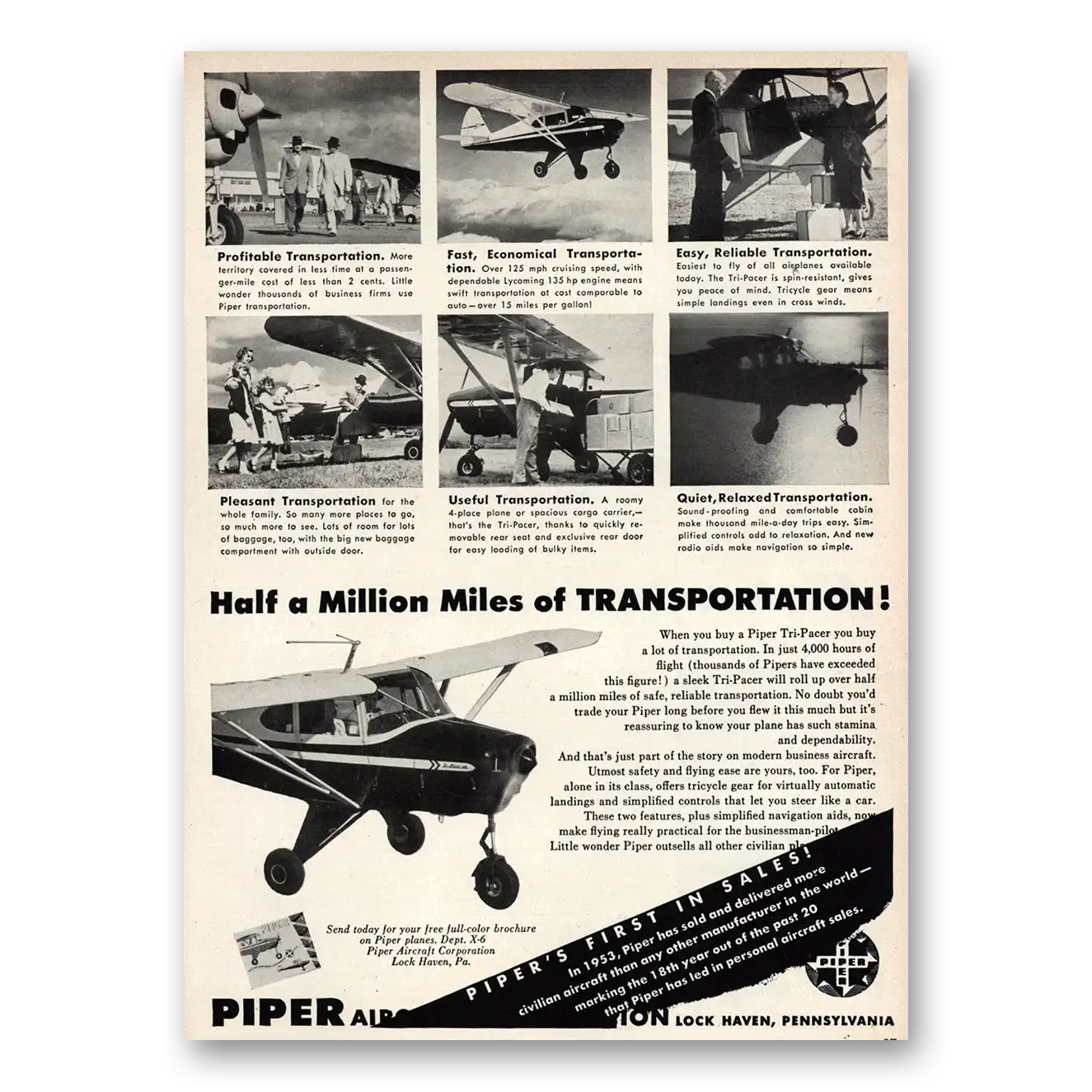 1953 Piper Aircraft Air Half a Million Miles of Transportation Vintage Magazine Print Ad