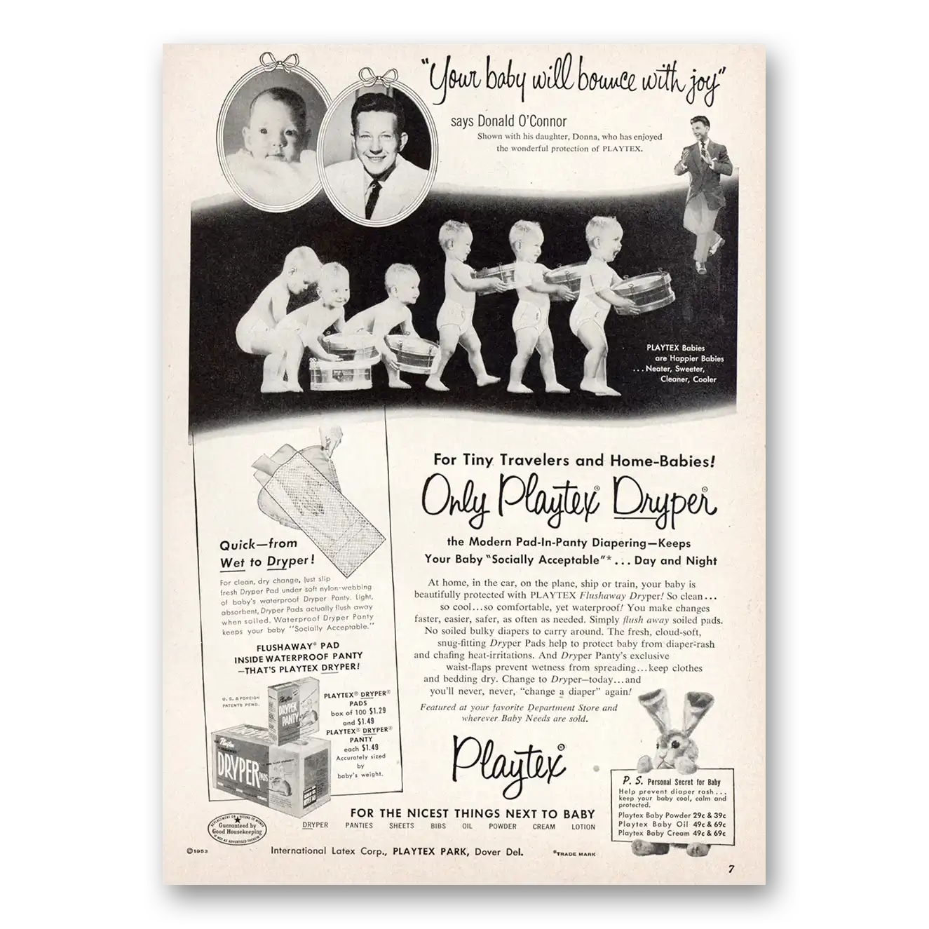 1953 Playtex Dryper Baby Will Bounce With Joy Donald Oconnor Vintage Magazine Print Ad