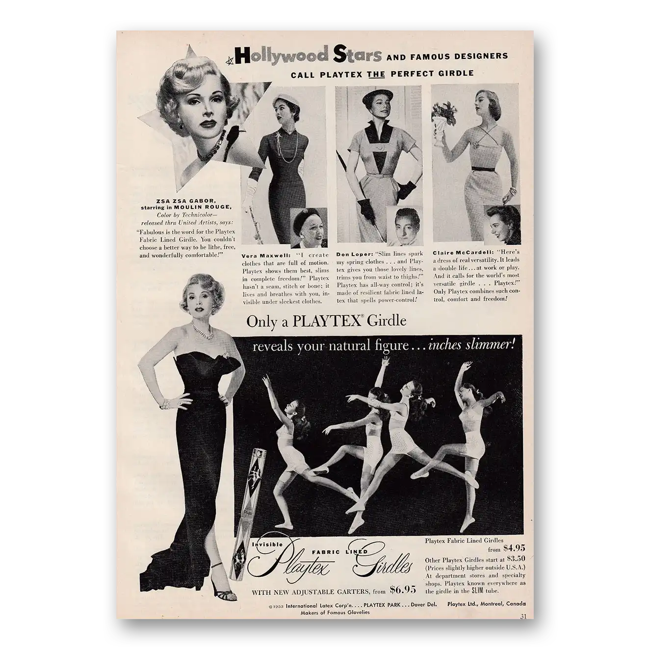 1953 Playtex Undergarments Girdles Hollywood Stars and Famous Designers Vintage Magazine Print Ad