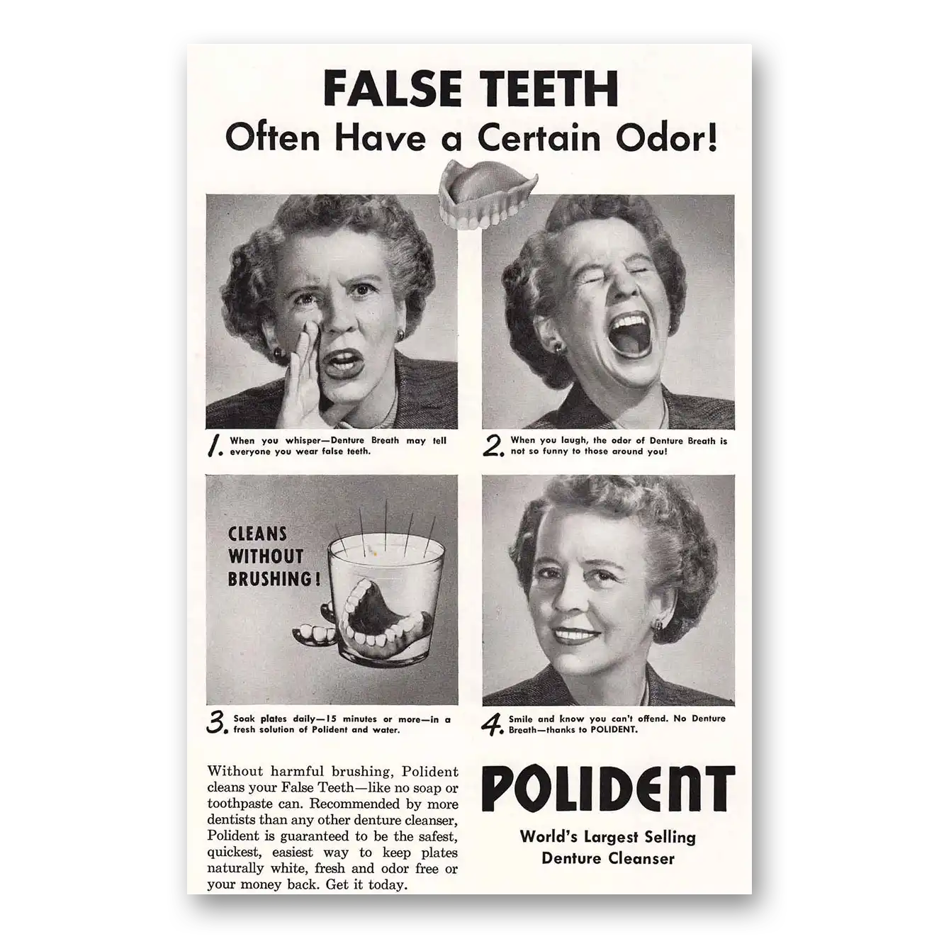 1953 Polident False Teeth Often have a Certain Odor Vintage Magazine Print Ad